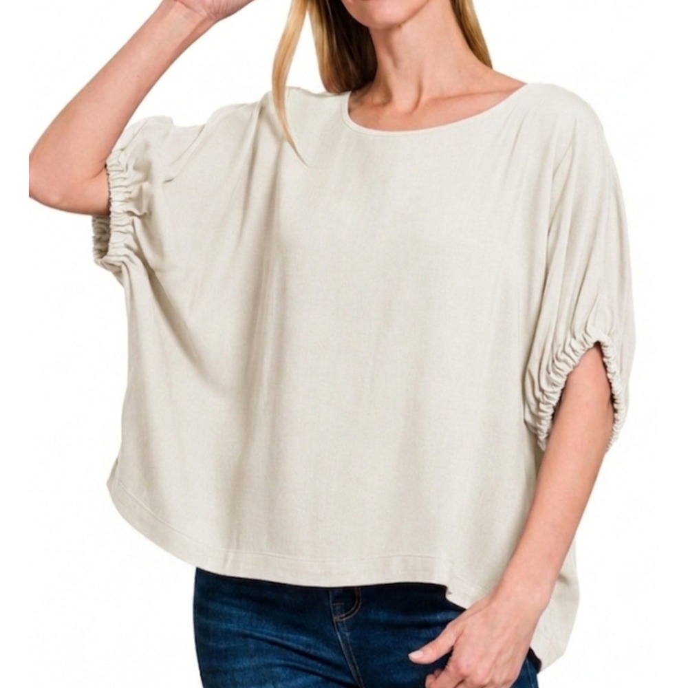 Zenana Women Sand Beige Woven Oversized‎ Dolman Sleeve Boxy Top Rayon Blouse Med